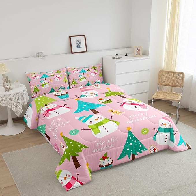 Erosebridal Merry Christmas Comforter Set for Kids, Pink Xmas Decor Bedding Set King Size, Cartoon Snowman Quilts Christmas Tree Down Comforter for Girls Boys Teens Bedroom Decor