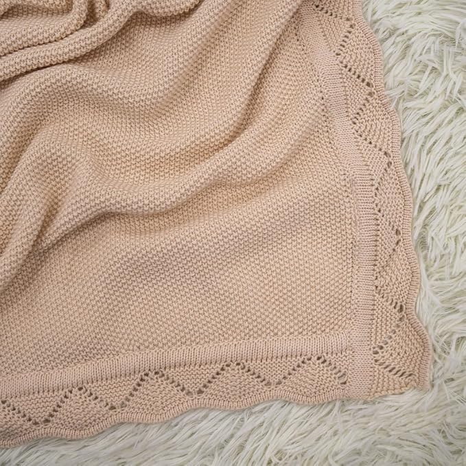 Baby Knit Blanket Soft Breathable Cotton Scallop Border Blankets Newborn Knitted Blanket Swaddle Blankets Gifts for Baby Newborn Toddler Shower Boy Girl New Mom Birthday Christmas Beige 30x30