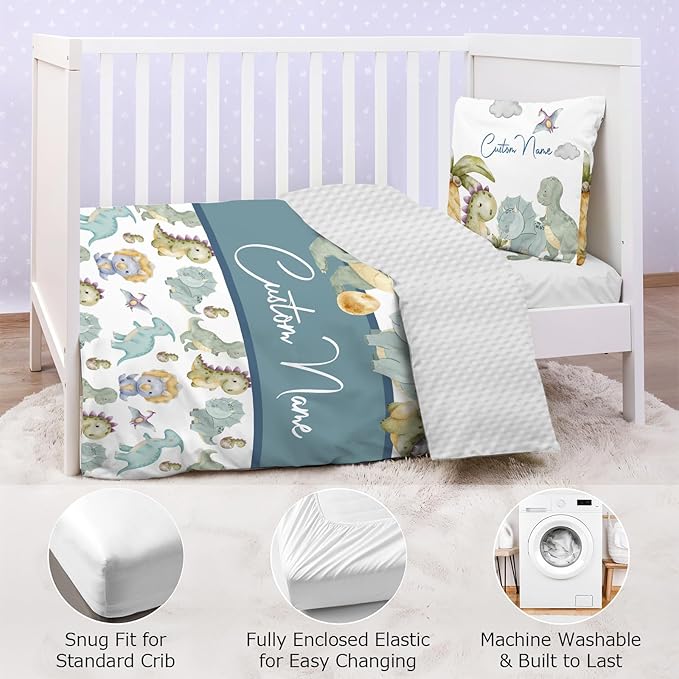 Personalized Baby Crib Bedding Set,3 Piece Custom Name Nursery Set with Blanket, Fitted Sheet & Pillowcase for Baby Girls & Boys, Dinosaur Forest Theme(Fixed Size)