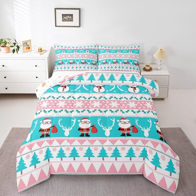 Feelyou Merry Christmas Tree Bedding Set Soft for Boys Girls, Cute Snowman Comforter Set King Size Santa Claus Duvet Quilt Microfiber Cartoon Bowknot Bedroom Decor 3 Pcs with 2 Pillow Cases