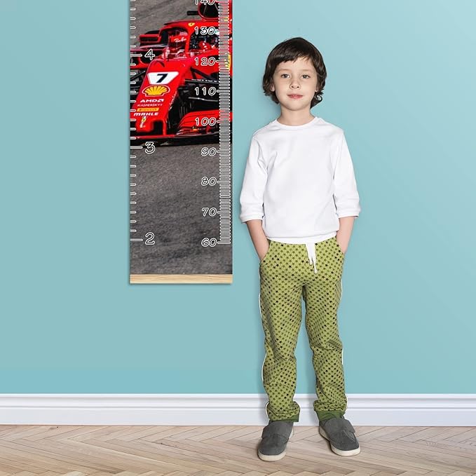 Personalized Kids Name Growth Chart Ruler for Wall Wood Frame Height Measure Chart 13.4x56 in Linen Hanging Height Growth Chart Race Car Kids Room Decor