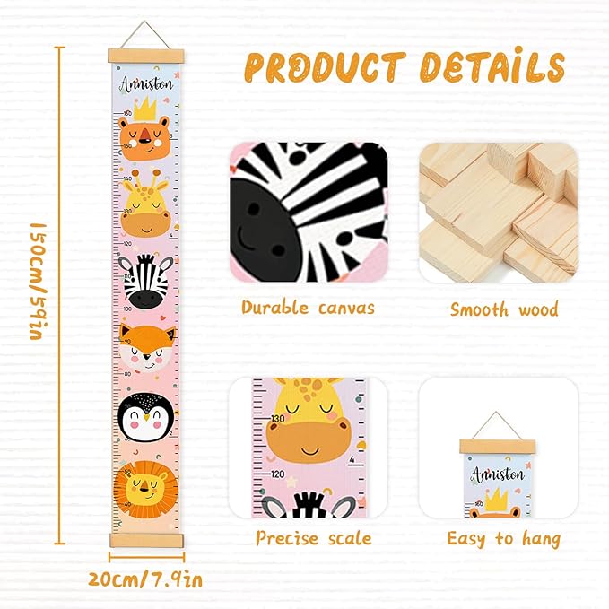 Personalized Name Height Chart for Kids, Kids Growth Chart for Wall, 59" X 7.9" Canvas Removable Height Chart Measuring Ruler for Kids & Baby(Painted Animal）