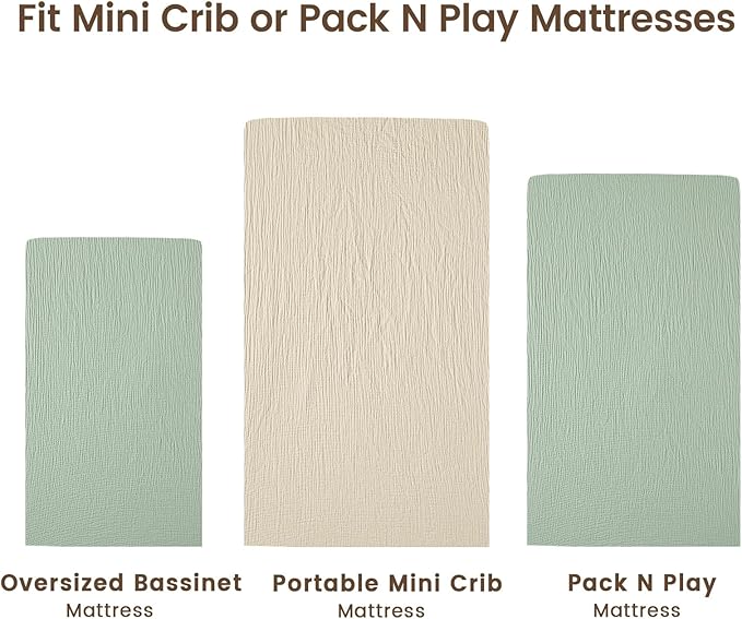 david's kids Muslin Mini Crib Sheets, 2 Pack Cotton Pack N Play Sheets for Boys Girls Neutral, Soft Breathable Baby Sheets Fit Pack N Play, Playard and Mini Crib Mattresses, Oat Milk & Sage Green