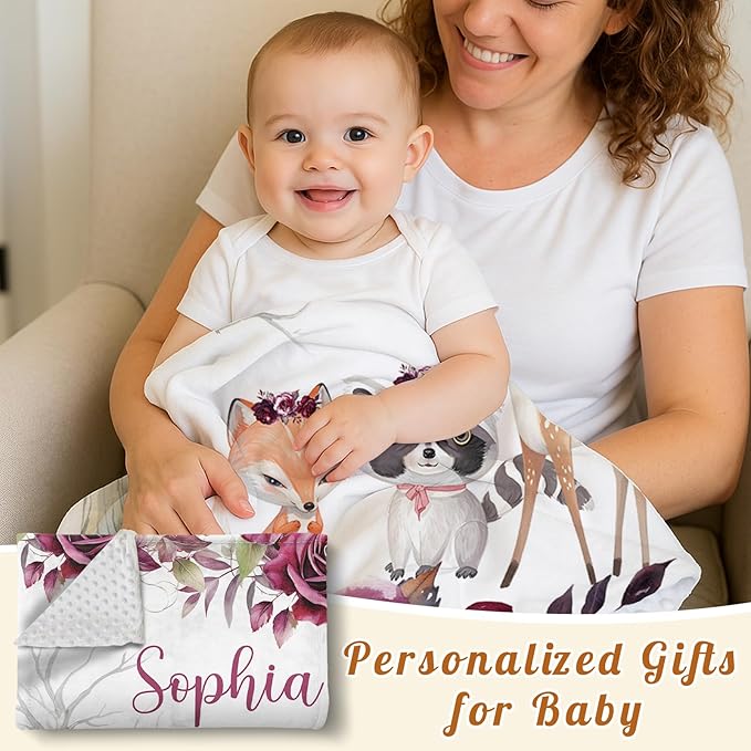 Custom Baby Blanket with Name, Double Layer Soft Dot Back Personalized Baby Blanket for Boys Girls, Woodland Blanket for Newborn Toddler, Customized Swaddle for Kids Birthday Gifts(30”x40)