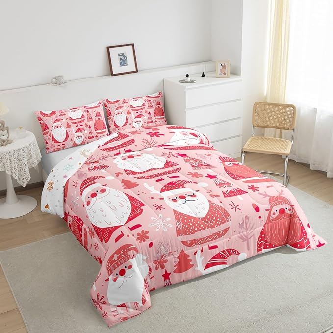 Feelyou Cute Santa Claus Bedding Set for Kids Boys Girls Twin Size Christmas Comforter Set Ultra Soft Winter Comforter Xmas Tree Duvet Quilt Bedroom Decor Christmas Decorations Quilt
