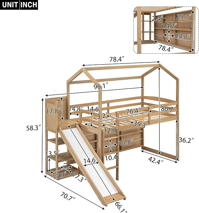 Playful Twin Size Wood House Loft Bed with Slide and Climbing Ramp, Multiple-Function Low Loft Bed Frame with Storage Shelves and Light for Kids Teens Boys Girls Bedroom (Wood-C)
