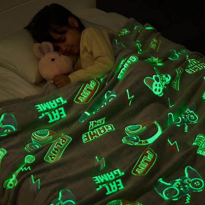 inhand Glow in The Dark Blanket Gamer Gifts for Boys Controller Kids Throw Gaming Blanket Gamer Toys for Kids Boys Game Gamepad Presents Birthday Easter Halloween （Grey 50"x60"）