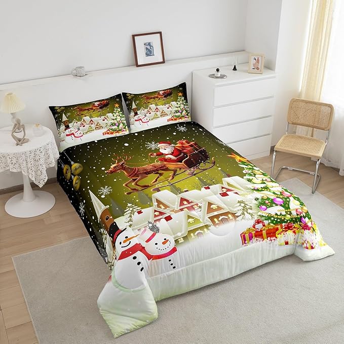 Manfei Christmas Comforter Set Twin Size, Xmas Tree Snowman Quilt Set with 1 Pillowcase, Santa Claus with Deer Bedding Set 2pcs for Kids Boys Girls Room Decor New Year Theme Duvet Insert
