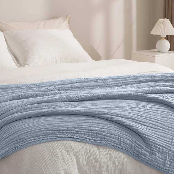 PHF Cooling Muslin Blanket Twin Size 60"x80", 6-Layer Lightweight Gauze Blanket Made from 35% Rayon Derived from Bamboo & 65% Cotton, Breathable & Ultra Soft Cozy, Aesthetic Home Decor, Dusty Blue