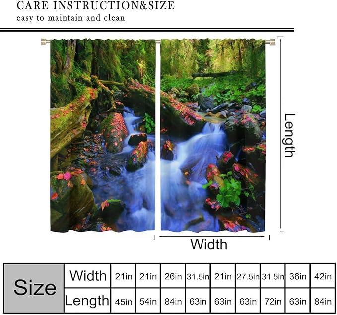 Forest Landscape Blackout Curtains, Natural River Rainforest Waterfalls Plant Print Pattern Window Drapes, for Bedroom Living Room 42" W X 54" L