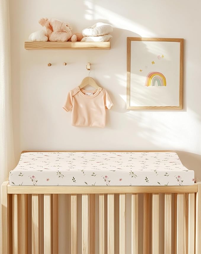 Changing Pad Cover for Baby Boy Girl 2 Pack, Muslin Changing Table Pad Covers with Boho Style, Neutral Nursery Bedding Essentials Soft and Breathable(Petal Leaf & Pink)