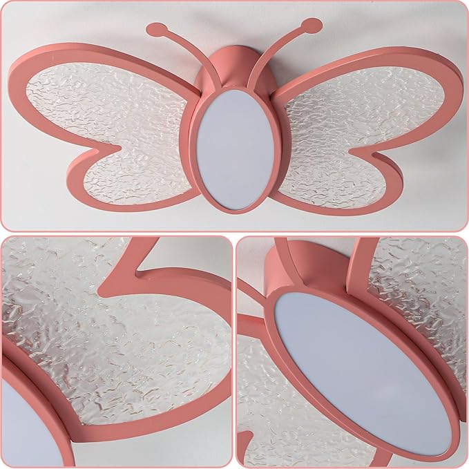 Dimmable LED Flush Mount Ceiling Light Fixture with Remote Control, 18.7Inch 36W Pink Butterfly Modern Ceiling Lamp for Girl Room Baby Kids Room Bedroom Nursery Dining Room Kitchen