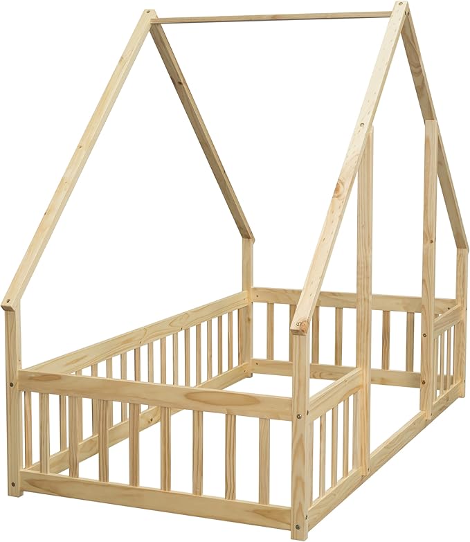 Bellemave Twin Size Wood House Bed Frame for Kids, Montessori Floor Bed with Fence, Playhouse for Girls and Boys, Natural