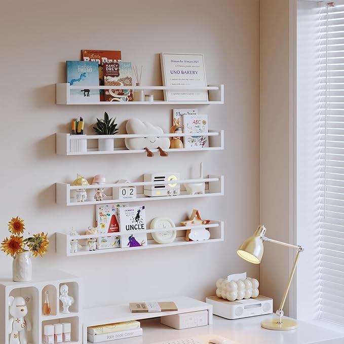 33Inch Metal Nursery Book Shelf, Set of 4, Wall Monted Floating Shelf with Lip, Wall Bookshelf for Kids, Hanging Shelves White ，Patent Number:29947306