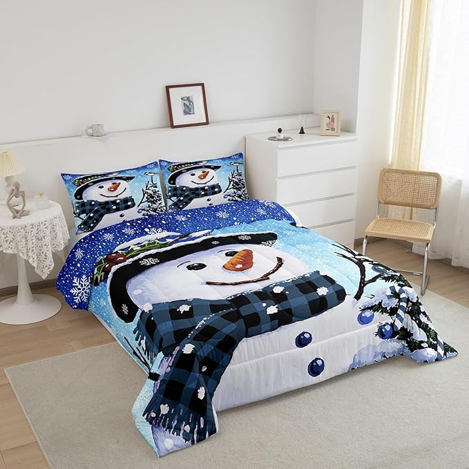 Feelyou Kids Christmas Theme Decorations Bedding Set Xmas Snowman Comforter Set for Boys Girls Snowflake Kawaii Cute Gradient Blue Bedroom Collection Full Size
