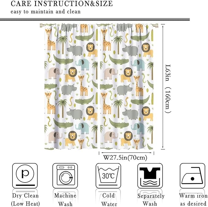 Nursery Safari Animals Window Curtains,Cartoon Woodland Jungle Forest Lion Elephant Giraffe Printed Pattern Blackout Drapes for Living Room Baby Boy Kids Bedroom 55x63in