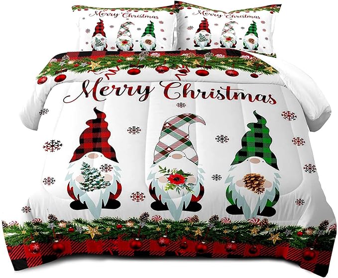 LUVIVIHOME 2PCS Merry Christmas Comforter Set Twin Size, Gnomes Bedding, Cute Christmas Bedroom Decor for Kids Boys Girls Teens, Xmas Gifts, Buffalo Plaid Christmas Gnomes Decorations, 1 Pillow Case