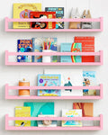 Forbena Large Pink Kids Book Shelves for Girls Room Wall Set of 4, Floating Nursery Book Shelf for Baby Girl Deocr, 24 Inches Long Wall Mounted Bookshelf for Toddler Kid Child Teens Bedroom (Pink)