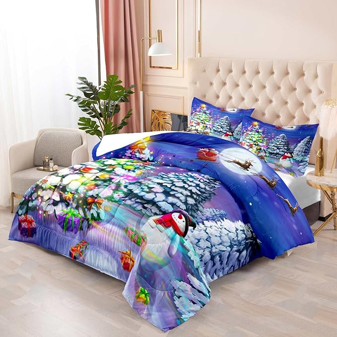 LUVIVIHOME 3PCS Christmas Comforter Set King Size, Cute Snowman Santa Claus Kids Bedding, Winter Xmas Merry Christmas Bedroom Decor for Boys Girls Teens, Xmas Gifts, 2 Pillow Shams