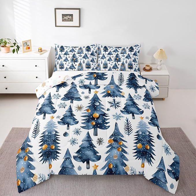 Feelyou Christmas Kids Comforter Set King Size Xmas Tree Bedding Set Snowflake Duvet Quilt for Kids Boys Girls Bedroom Watercolor Blue Decor Microfiber Ultra Soft Breathable
