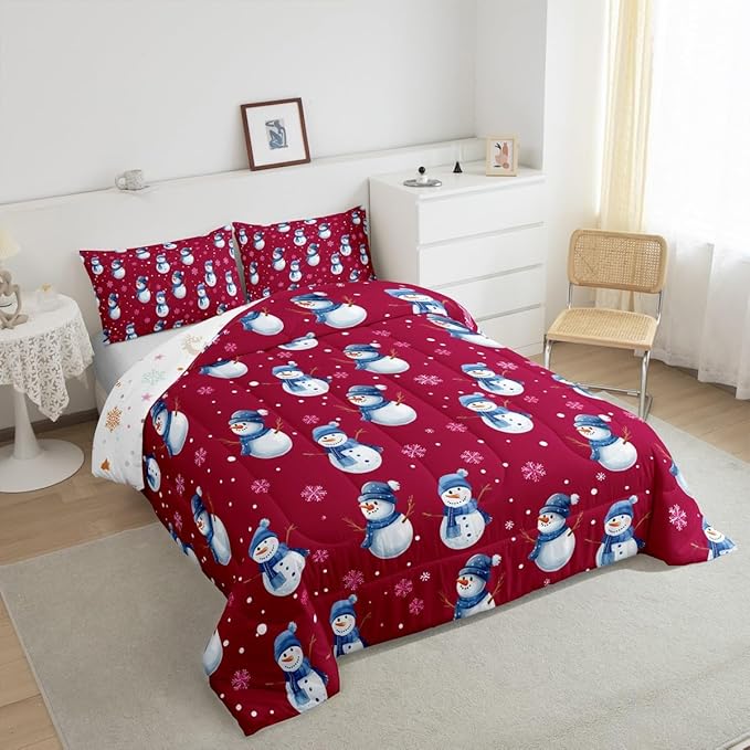 jejeloiu Kids Cute Winter Snowman Comforter Set Toddler Red Christmas Theme Bedding Set for Boys Girls Teens Xmas Snowflake Happy New Year Duvet Quilt Room Decor