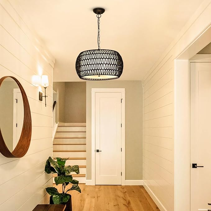 Farmhouse Chandeliers for Dining Room,5-Lights Rattan Boho Chandelier Light Fixture,Black Woven Dining Room Light Fixture with Fabric Shade,Modern Hanging Pendant Lighting for Kitchen Island Bedroom