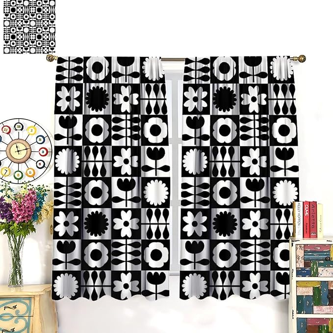 Mid Century Geometric Floral Curtains,Vintage 70s Window Treatments for Boys Girls Kids Bedroom Curtains,Boho Black and White Floral Curtains 42"" W X 63"" L, Style-10