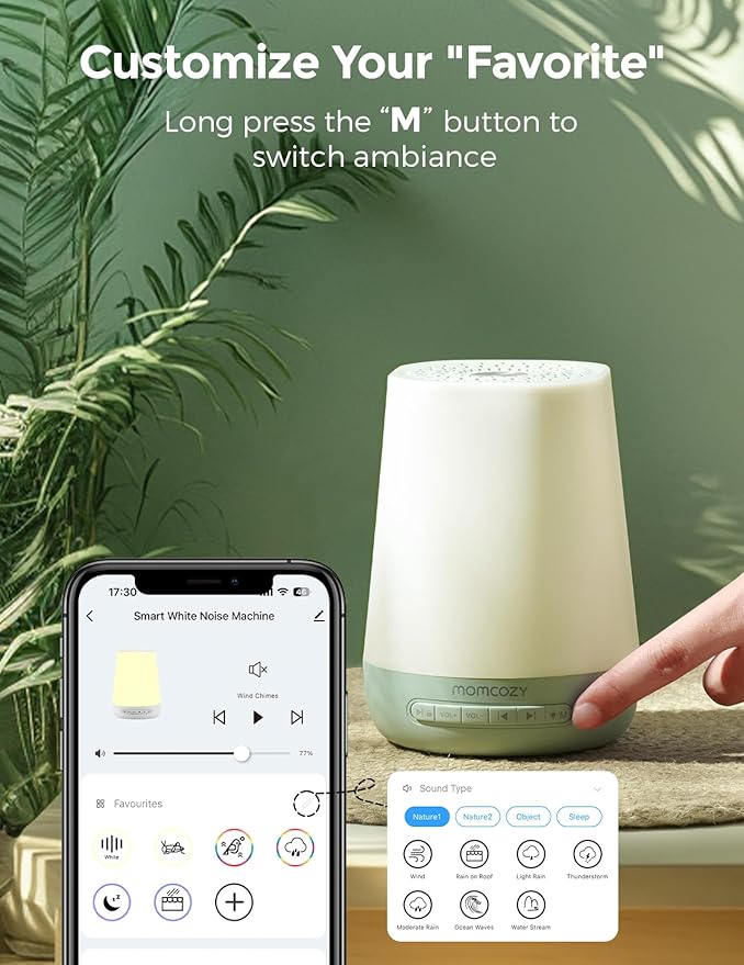 Baby Sound Machine, Momcozy White Noise Machine for Baby Sleeping with Night Light, Toddler Sleep Trainer with 34 Soothing Sounds, Timer, App Remote Control, Personal Sleep Routine(Green)