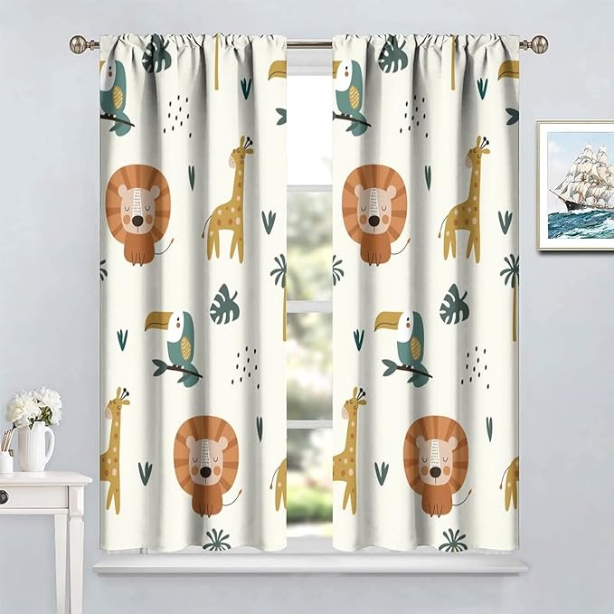 Cute Lion Window Curtains for Kids Bedroom,Cartoon Woodland Jungle Forest Wildlife Little Lion Giraffe Owl Palm Tree Printed Pattern Blackout Drapes for Living Room Baby Nursery Room 63x72in