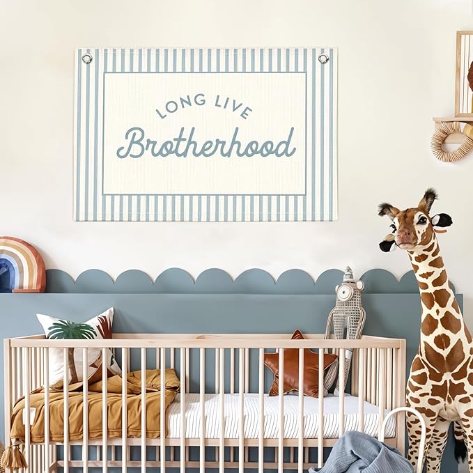 Lacama Blue Long Live Brotherhood Boys Room Decor, Boy Nursery Decor, Linen Banner Wall Hanging Canvas Banner Flag Decor for Toddler Boy Room Nursery 30x20 Inch