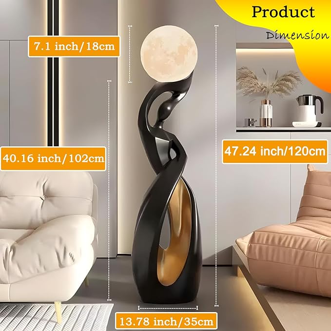 Bofea-Unique Floor Lamp with Moon Lamp,Creative Black Gold Standing Lamps,Art Deco Floor Light with Rechargeable Globe Lights,Modern Resin Accent Dancing Girls Statue for Living Room Bedroom Home