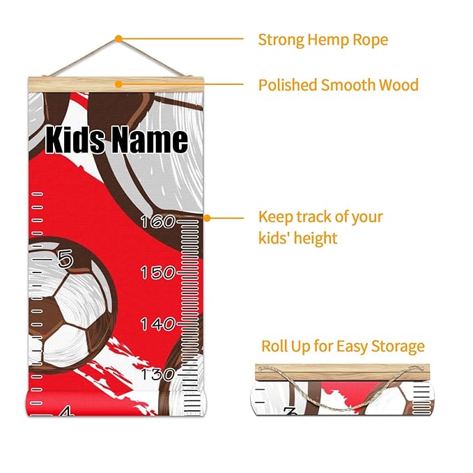 Personalized Kids Name Growth Chart Ruler for Wall Wood Frame Height Measure Chart 13.4x56 in Linen Hanging Height Growth Chart Football Soccer Red Kids Room Decor