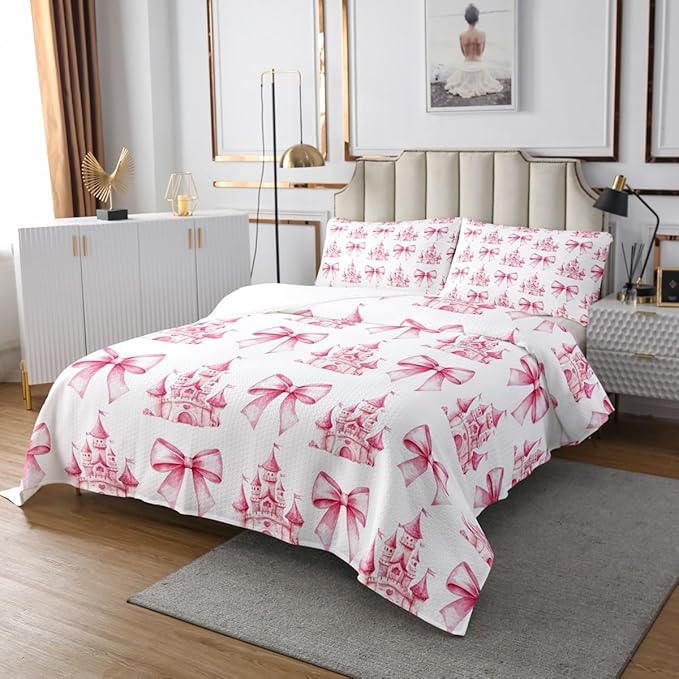 Pink Bowknot Kids Bedspread King Size,Castle Tale Princess Toddler Coverlet Set,Girls Women Room Decor,Bow Tie Butterfly Knot Girlish Quilted Coverlet,Romantic Fashion Bedding Quilt,2 Pillowcases