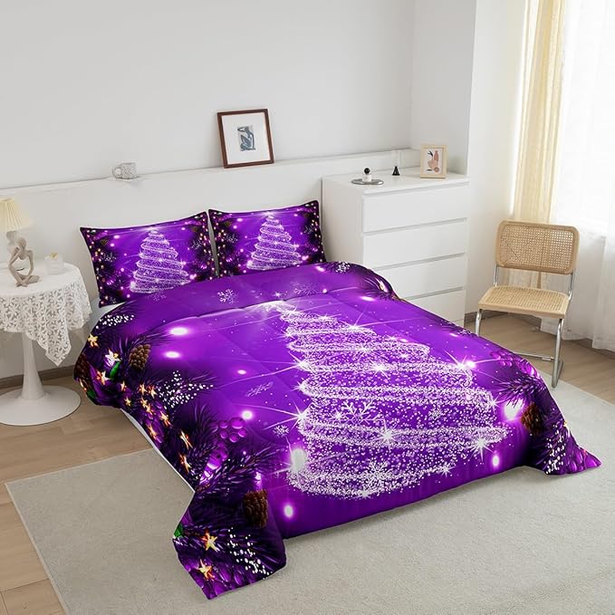 Feelyou Kids Merry Christmas Decorations Comforter Set, Kids Santa Tree Bedding Set King Size for Boys Girls Teens Xmas Christmas Bell Decor Comforter Glitter Purple Quilt Set