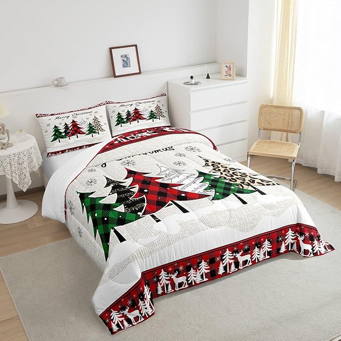 Manfei Xmas Trees Comforter Set Twin Size, Merry Christmas Bedding Set 2pcs for Kids Boys Girls Room Decor, Pine Trees Snowflake Deers Down Comforter Soft Polyester Quilt Set with 1 Pillowcase