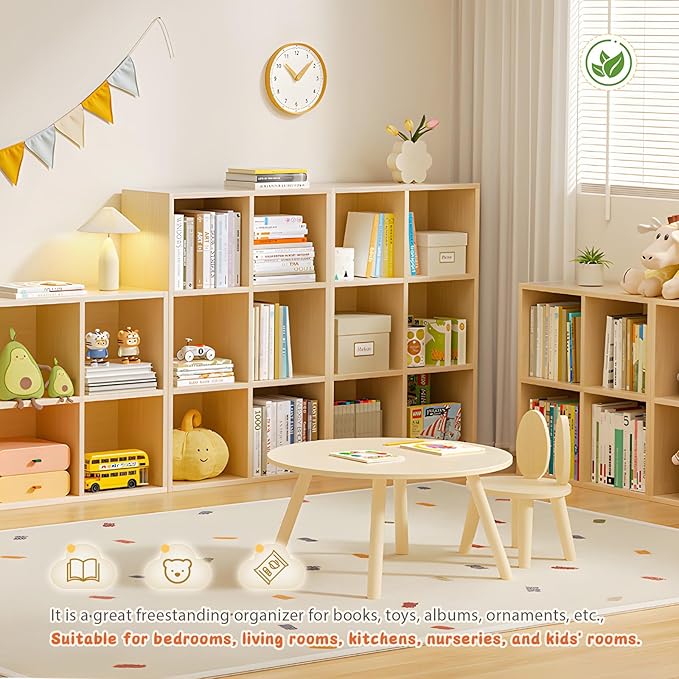 8 Cube Storage Organizer, Cubby Storage Organizer, Cube Shelf with Back Plate, Wooden Kids Bookcase for Toy, Solid Wood Cube Storage for Living Room/Bedroom/Hallway/School, Easy to Install