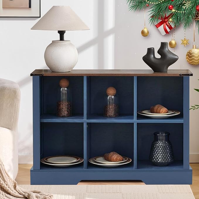 6 Cube Storage Organizer, 2 Tier Book Shelf with Led Lights, Farmhouse Book Shelves for Living Room, Horizontal Toy Storage Bookshelf, Wood Display Bookcase Cabinet for Bedroom, Office, Blue