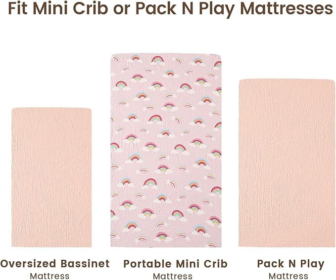 david's kids Muslin Mini Crib Sheets, 2 Pack Cotton Pack N Play Sheets for Girls, Soft Breathable Baby Sheets Fit Pack N Play, Playard and Mini Crib Mattresses, Rainbow