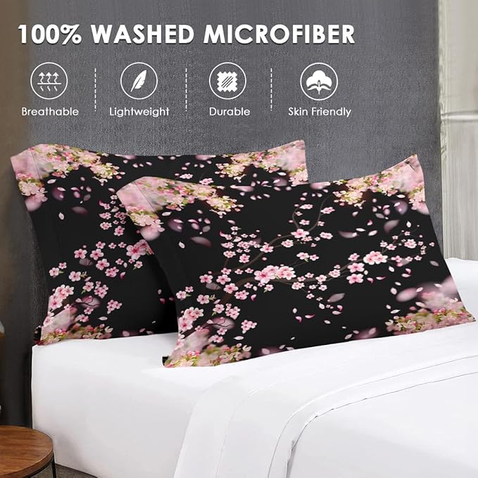 7 Pcs Full Size Comforter Set with 2 Pillowcases & 2 Shams, Tree Flower Floral Bedding for Kids and Adults, Pink Cherry Blossom Bed in a Bag with Flat Fitted Sheet