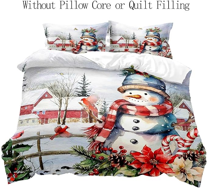 LUVIVIHOME 3PCS Cute Snowman Duvet Cover Full Bedding Set, Christmas Bedding, Red Bird Cardinal Poinsettia Winter Holiday New Year Xmas Gifts Christmas Comforter Bedspread Quilt Cover, 2 Pillow Shams