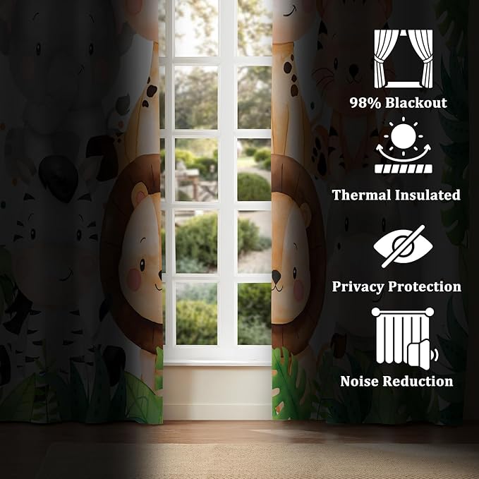 Renaiss 42 x 45 Inch Safari Animal Curtains for Kids Tropical Rainforest Lions Tigers Elephants Giraffes African Jungle Tree Green Leaf Print Window Drapes for Nursery Baby Bedroom Playroom 2 Panels