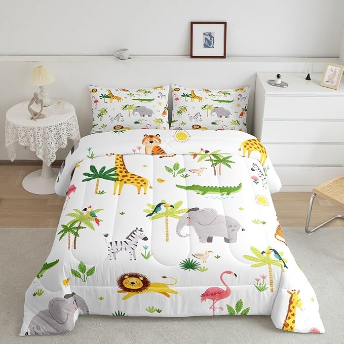 Feelyou Kids Safari Animal Bedding Set Queen, Nursery Baby Boy Cartoon Lion Jungle Comforter Set Woodland Forest Wildlife Comforter for Kids Boys Girls Kawaii Flamingo Duvet Set 3Pcs