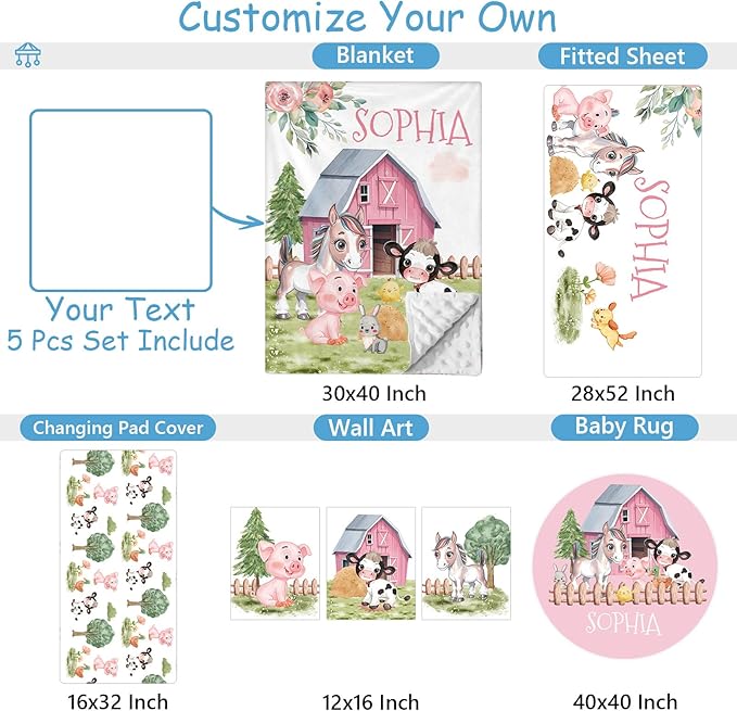 Personalized Baby Crib Bedding Set, 5 Pcs Custom Name Nursery Bedding Set for Baby Boys Girls, Farm Animals Crib Set, Double Layer, Toddler Crib Bedding, Infant Newborn Customized Gifts