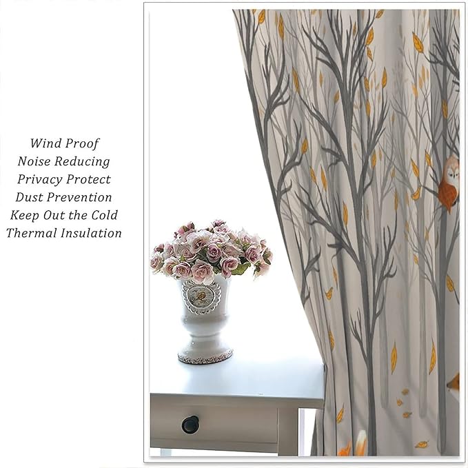 Kids Woodland Animal Window Curtains, Autumn Forest Hedgehog Rabbits Squirrel Fox Birds Blackout Rod Pocket Treatments Drapes for Boys Girls Bedroom 52x84in