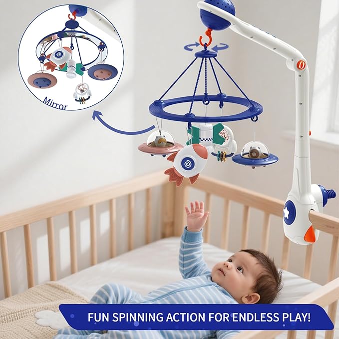 Musical Baby Mobile, Space Themed Nursery Mobile with Light Projection, Rocket and Spaceship Teether Toys, Hanging Toy Mobile for Crib