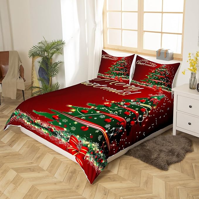 Christmas Tree Duvet Cover Set Queen Size Fir Tree Branches and Deer Print Bedding Set 3pcs for Kids New Year Theme Comforter Cover Merry Christmas Red Quilt Cover with 2 Pillowcases,No Comforter
