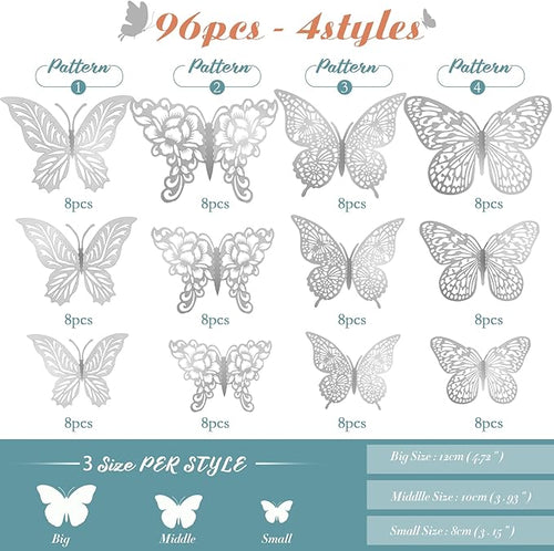 3D Gold Butterfly Wall Decor 3 Sizes 4 Styles Butterfly Party Decorations Cake Decorations Removable Stickers Wall Decor Room Mural Metallic Kids (Silver, 96Pcs)