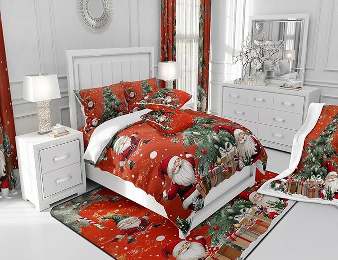 Christmas Theme Bedding Set Full Size,Snowflake Christmas Tree Comforter Set for Kids Teens Adults Room Decor,Santa Claus Red Duvet Insert 3Pcs,X'mas Star Polka Dot Glitter Quilt Set,2 Pillowcases