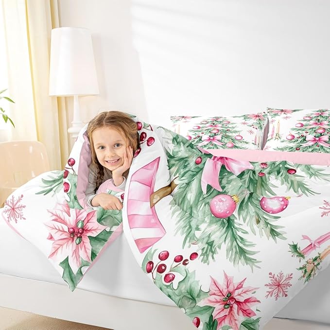 Feelyou Pink Christmas Comforter Set Full Size Xmas Tree Bedding Set for Kids Boys Girls Xmas Ornaments Duvet Quilt Snowflake Bow Bedroom Decor Microfiber 3 Pcs with 2 Pillow Cases