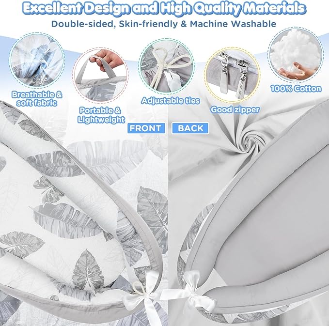 JIFTOK Baby Nests Lounger for Newborn, Snuggle Bassinet for 0-24M, Breathable Portable Co Bed, Baby Essentials Adjustable Infant Soft Cotton Loungers for Home & Travel -Leaves